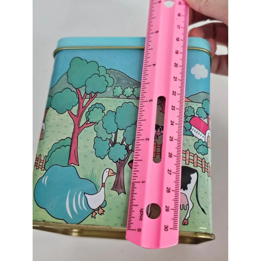 Vintage Farm Scene Metal Tin Cow Goose Pastoral Landscape Square Storage Can